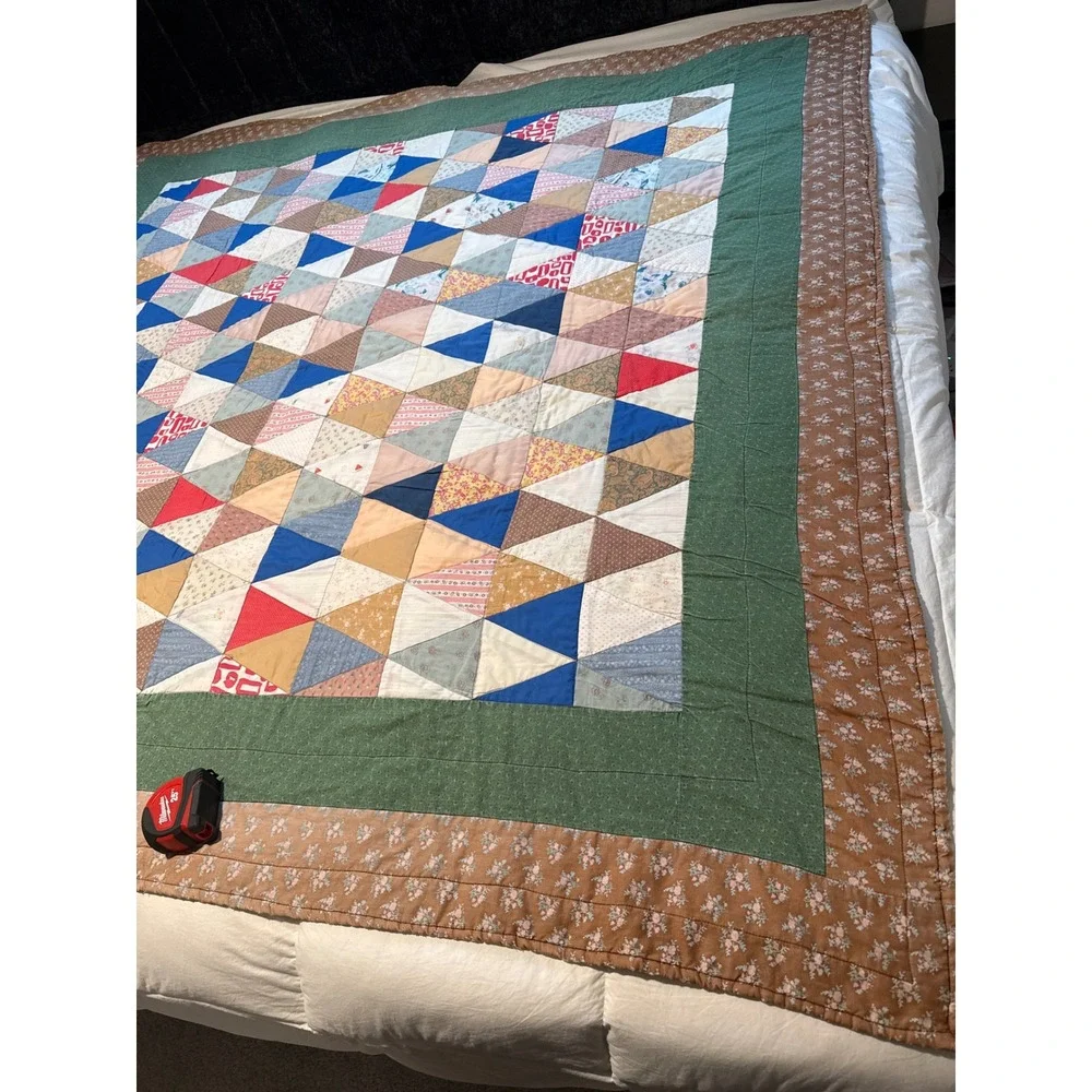 Antique Handmade Reversible Triangle Patchwork Quilt Cotton Geometric 74x72